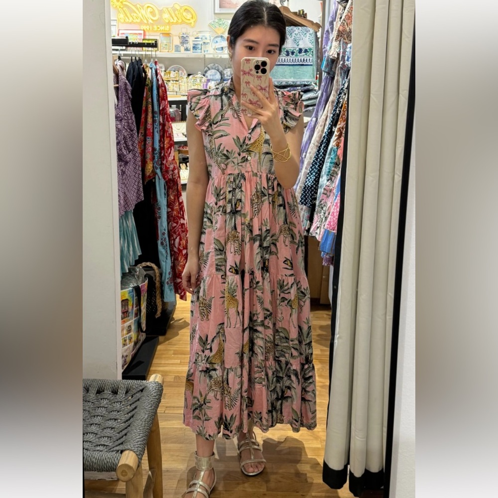 Darlington Isle Soleil tiered ruffle maxi dress tiger giraffe peacock jungle XS